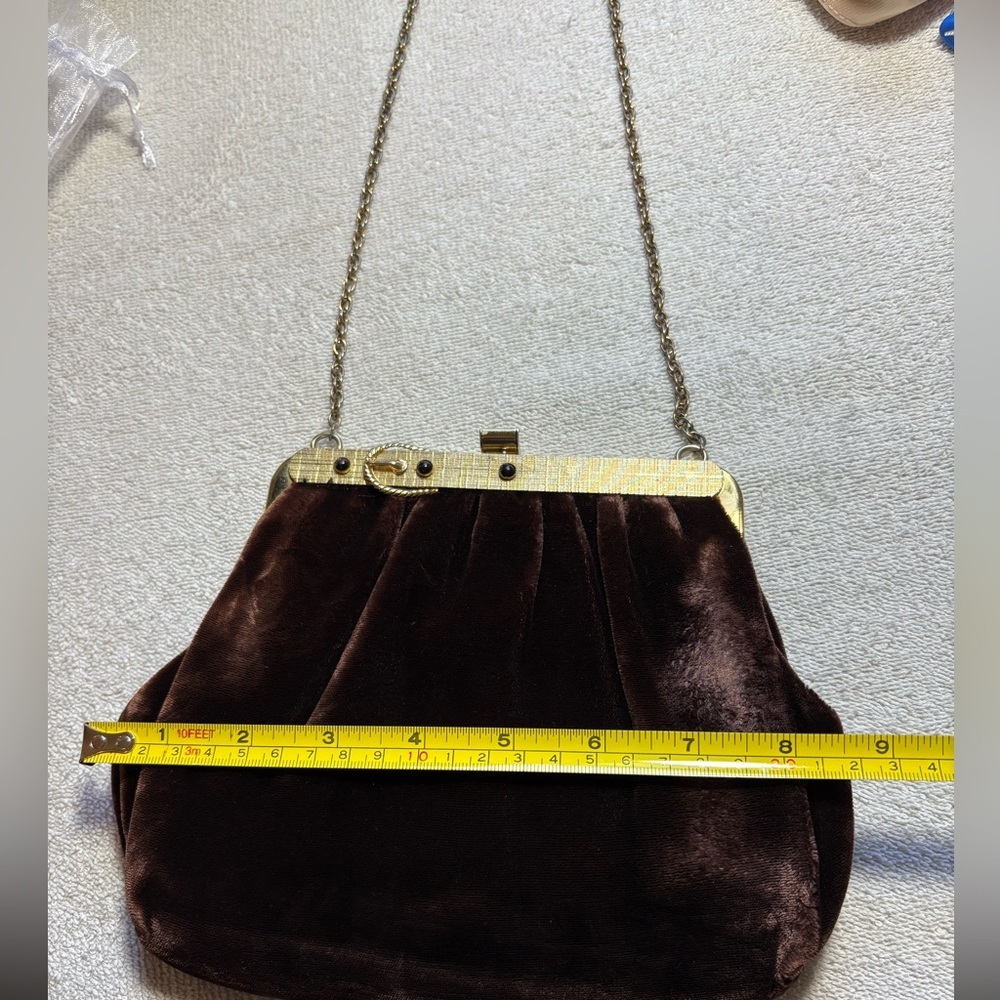 Vintage 1940's Harry Levine Brown Velvet Clutch with Gold Accents - Picture 8 of 10